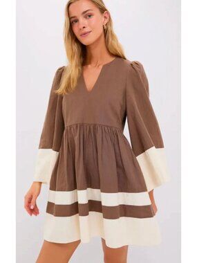 Tuckernuck Izzie Dress S Mocha Cream Linen Cotton Bell Sleeve Mini Pockets